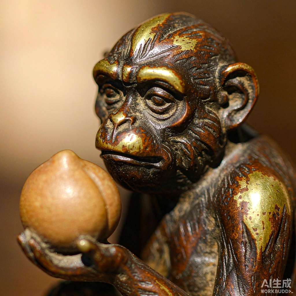 Bronze Monkey Figurine with Peach - Image 2
