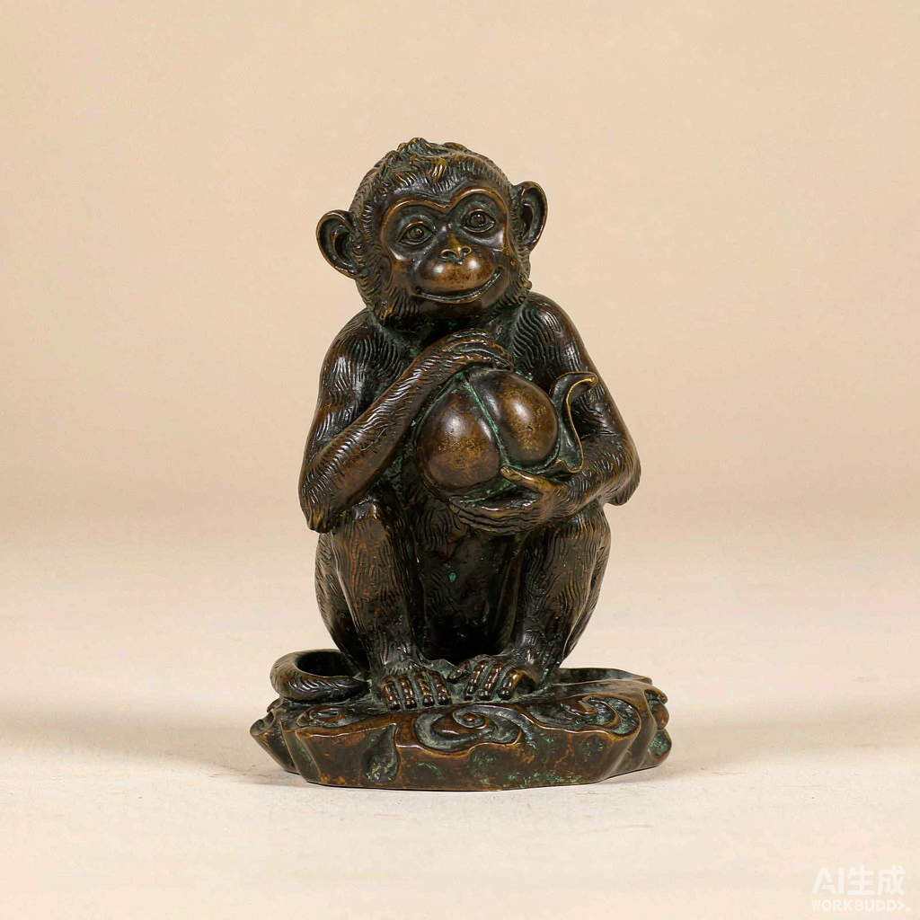 Bronze Monkey Figurine with Peach