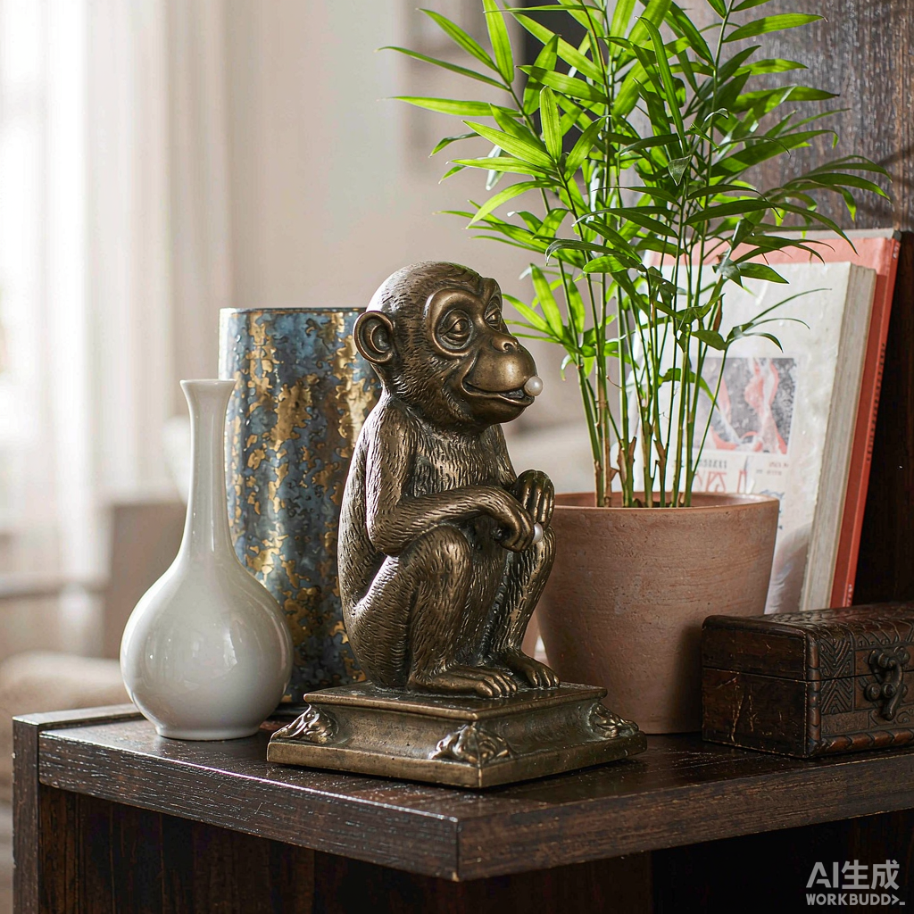 Bronze Monkey Figurine with Peach - Image 3
