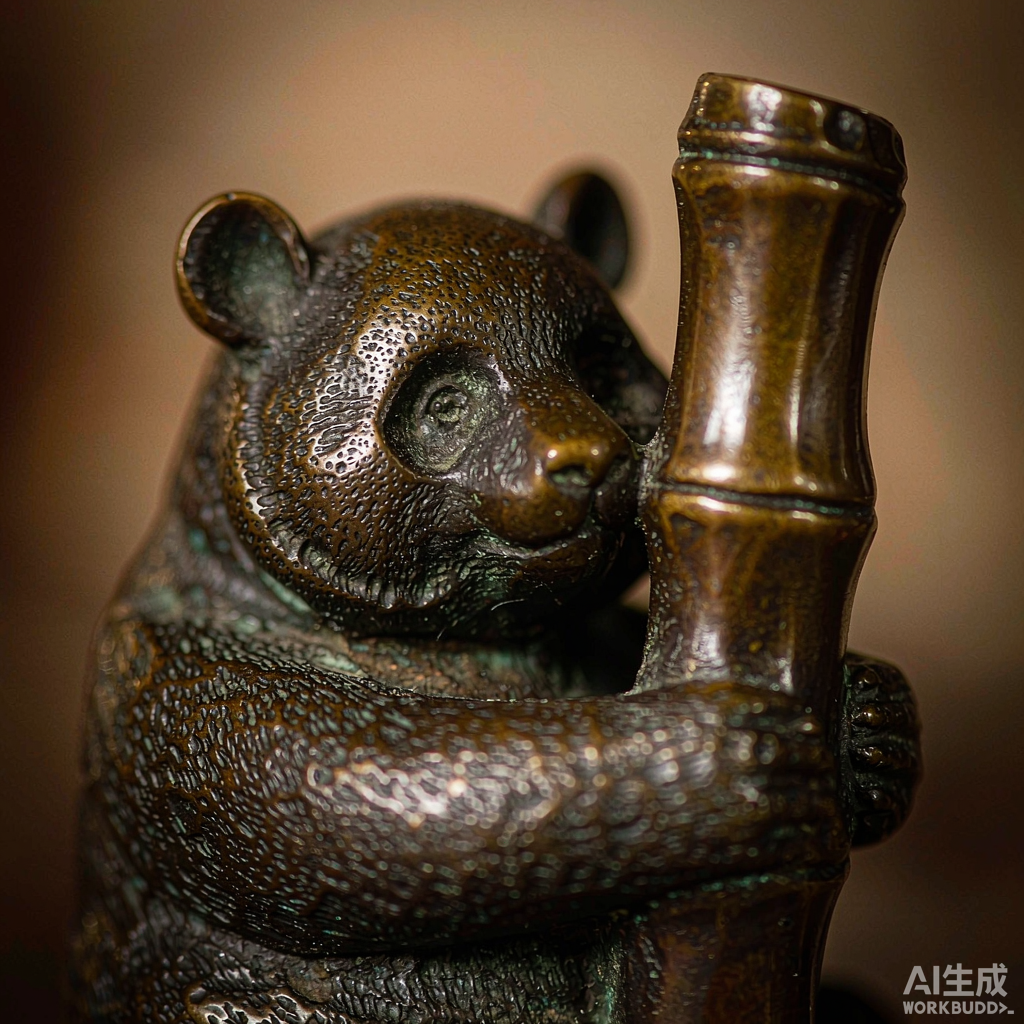 Bronze Panda Figurine with Bamboo - Image 2