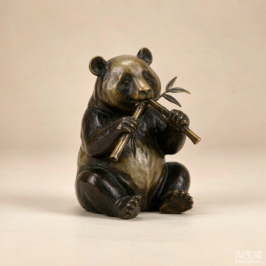 Bronze Panda Figurine with Bamboo