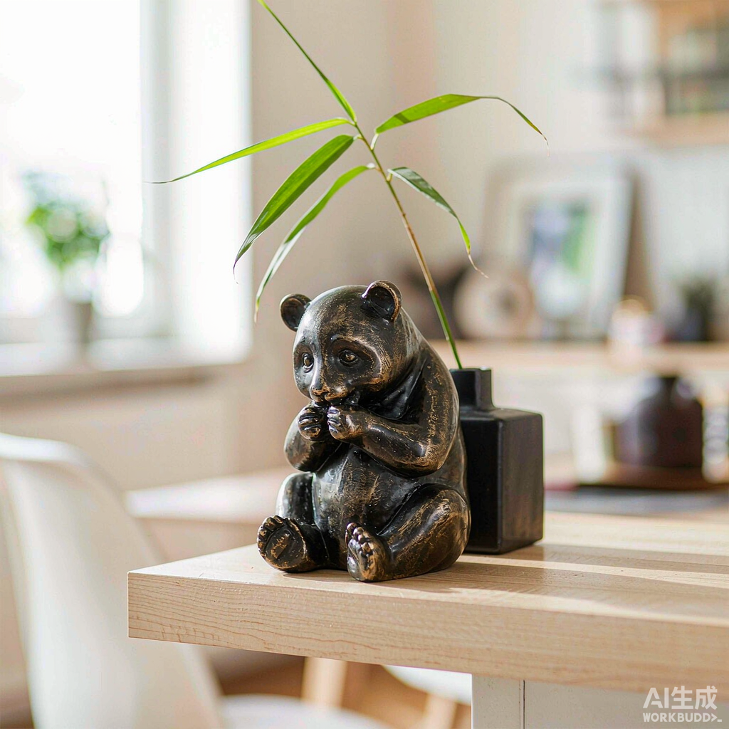 Bronze Panda Figurine with Bamboo - Image 3