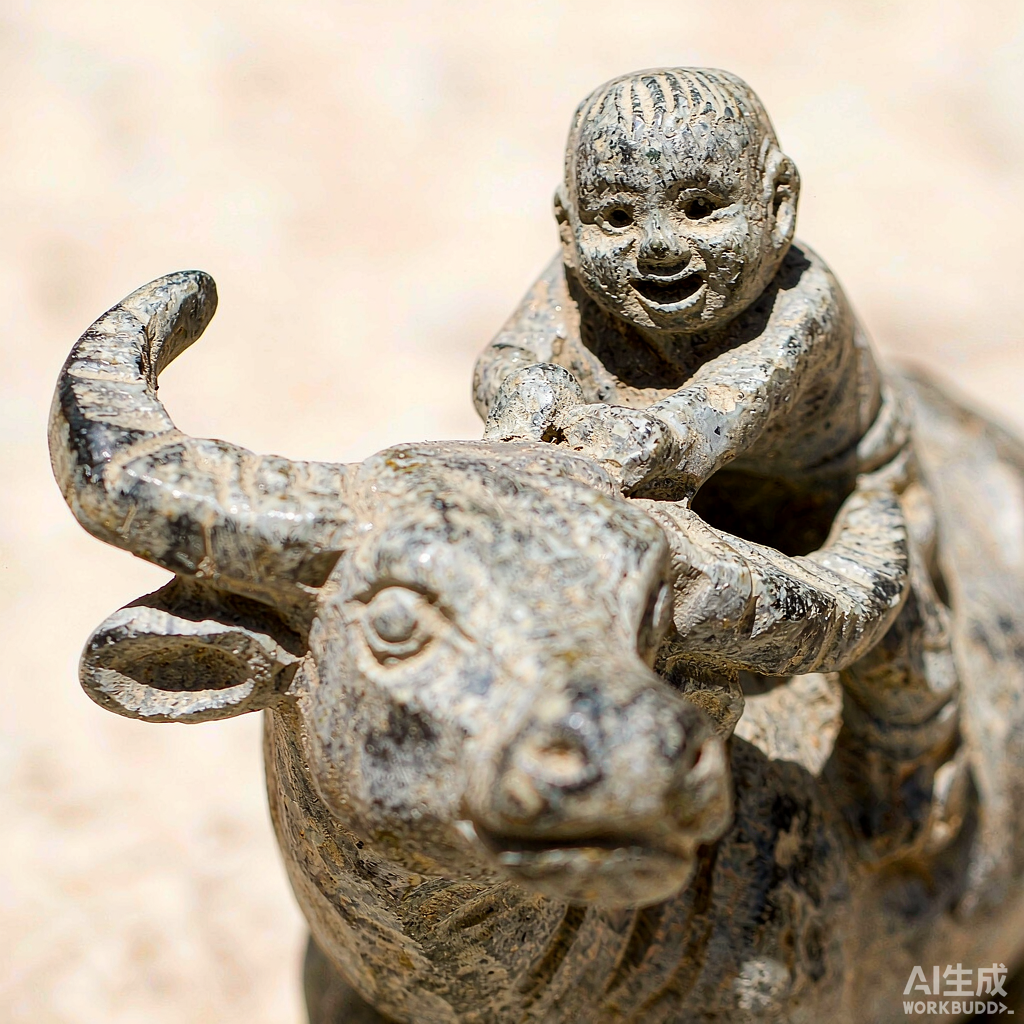 Distressed Stone Boy on Buffalo Statue - Image 2