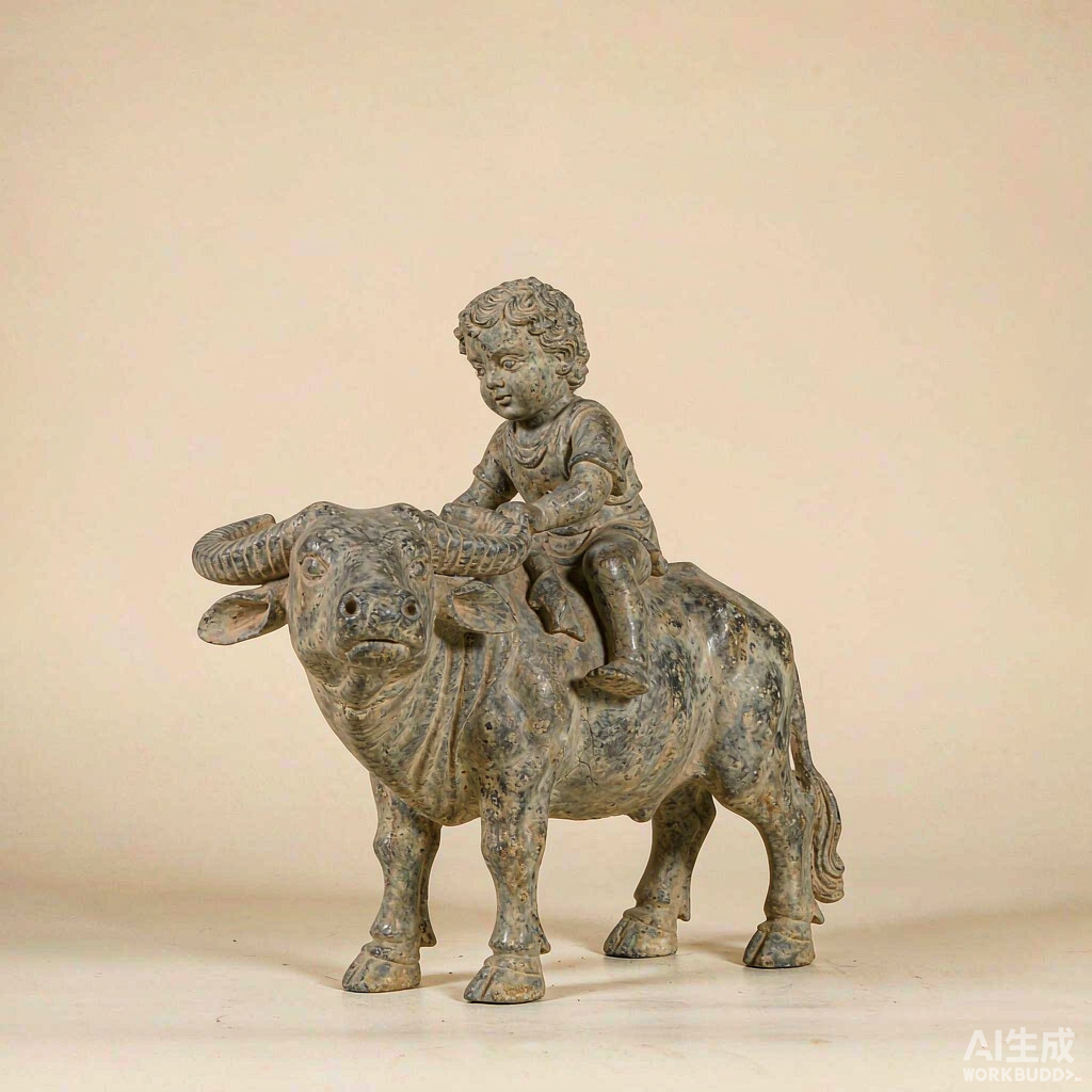 Distressed Stone Boy on Buffalo Statue