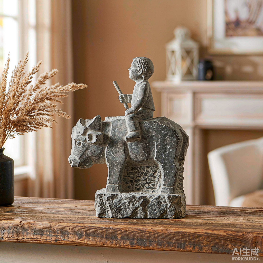 Distressed Stone Boy on Buffalo Statue - Image 3