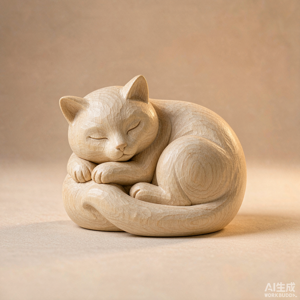 Hand Carved Wooden Cat Figurine for Desk