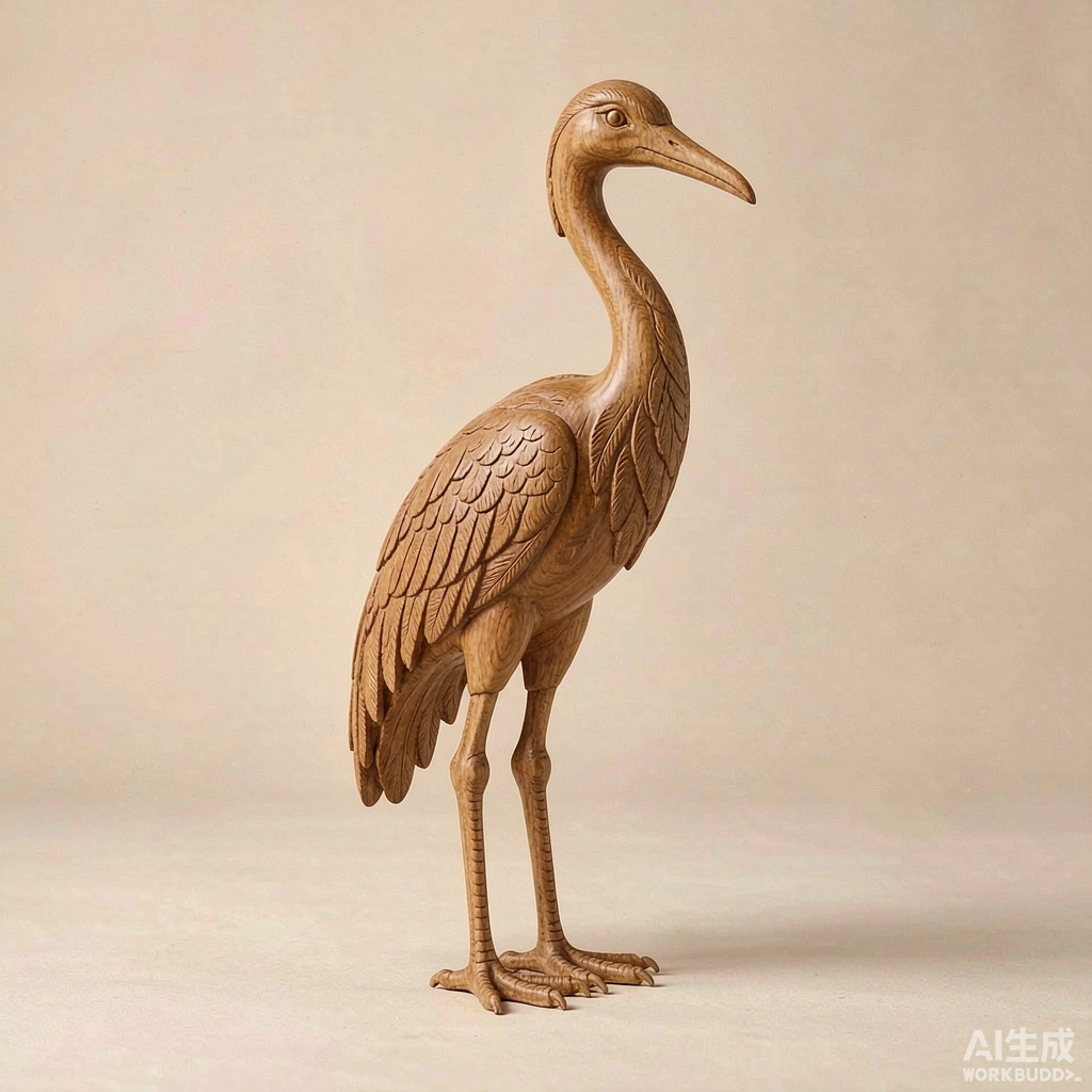 Hand Carved Wooden Crane Sculpture for Shelf Decor