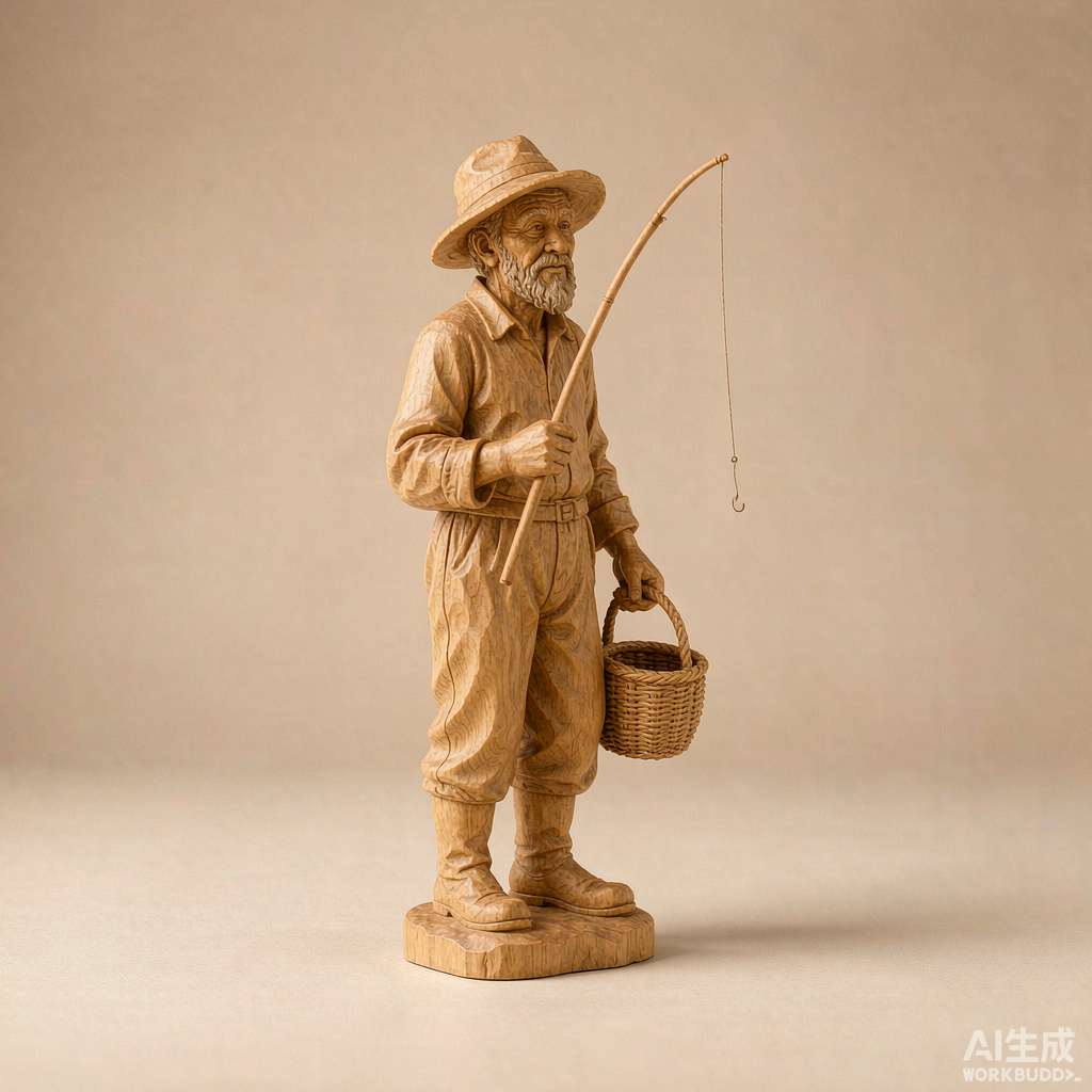 Hand Carved Wooden Fisherman Figurine for Entryway