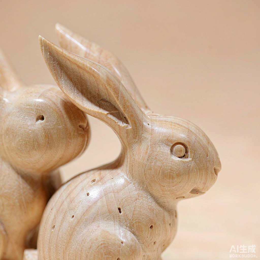 Hand Carved Wooden Rabbit Figurines, Set of 2 for Shelf Decor - Image 2