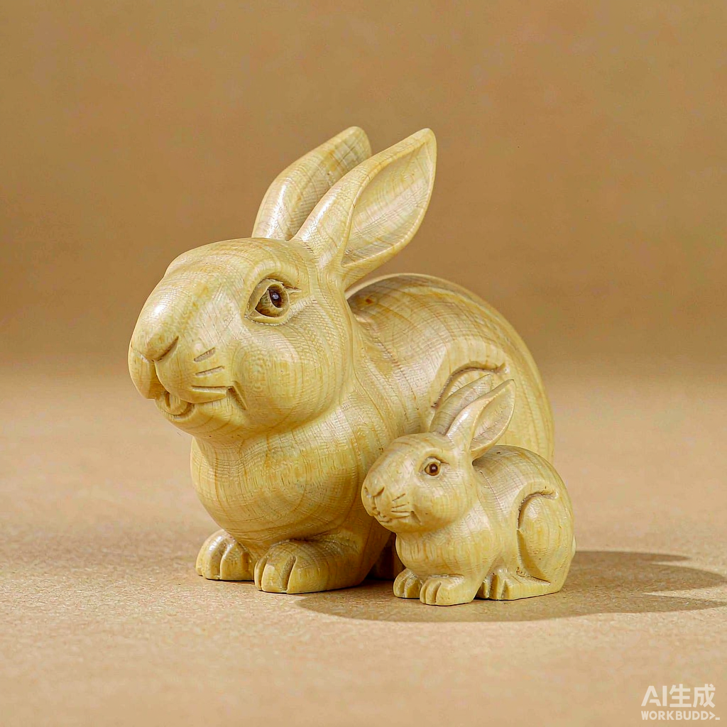 Hand Carved Wooden Rabbit Figurines, Set of 2 for Shelf Decor