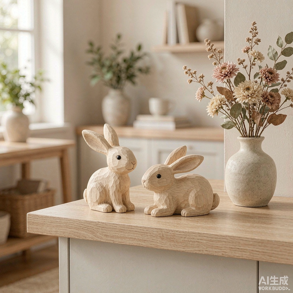 Hand Carved Wooden Rabbit Figurines, Set of 2 for Shelf Decor - Image 3
