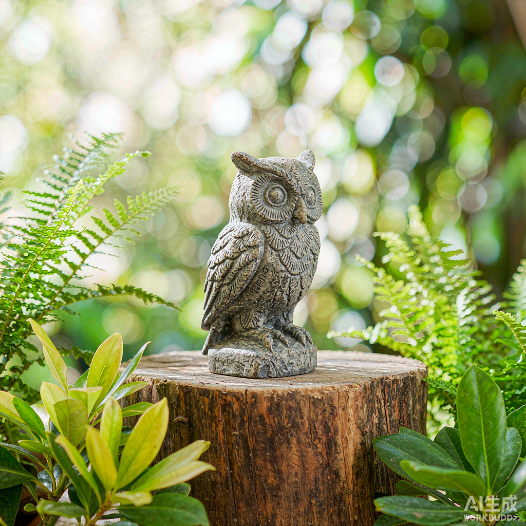 Mini Stone Owl Statue on Stump - Image 3