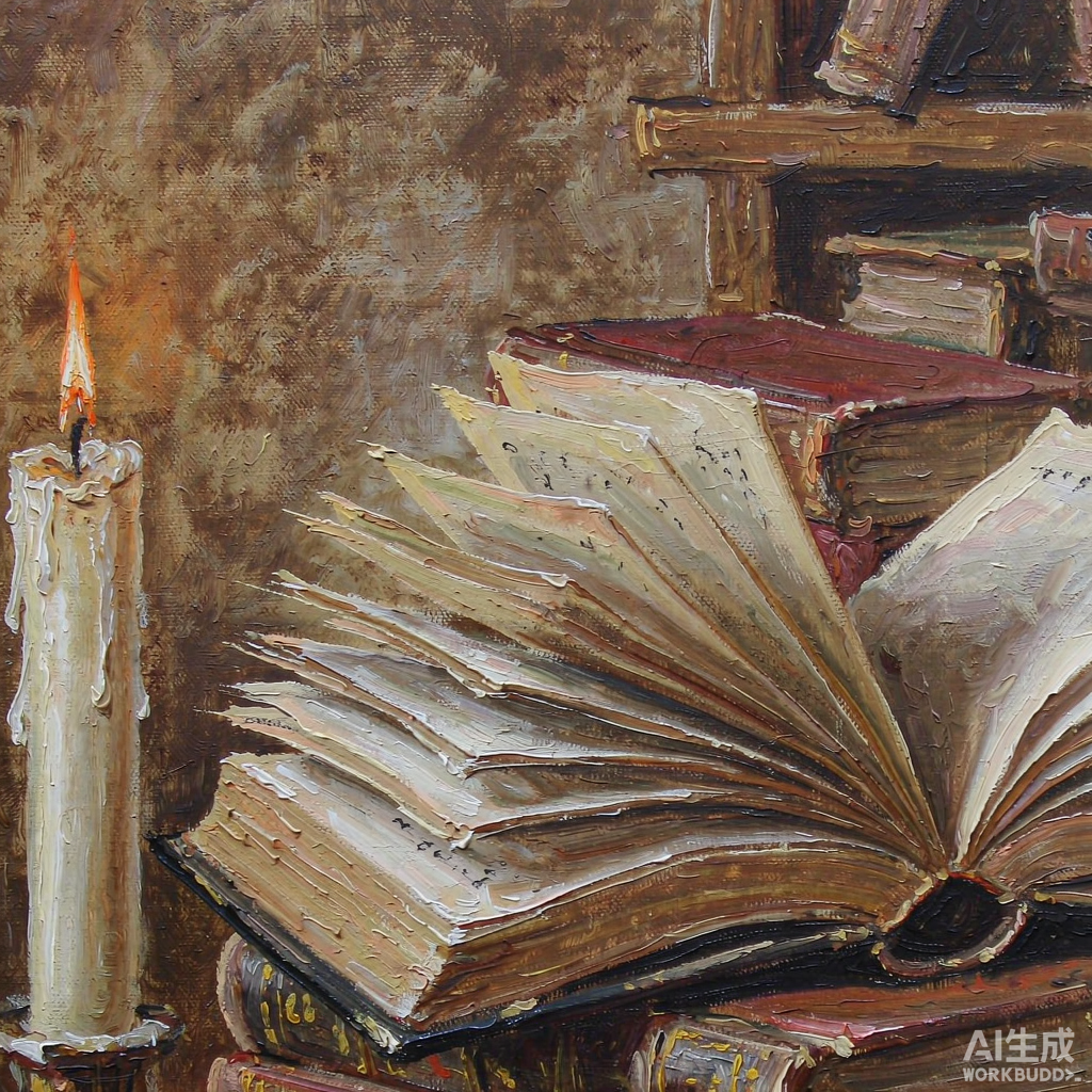 Old Books and Candle Still Life Oil Painting - Image 2