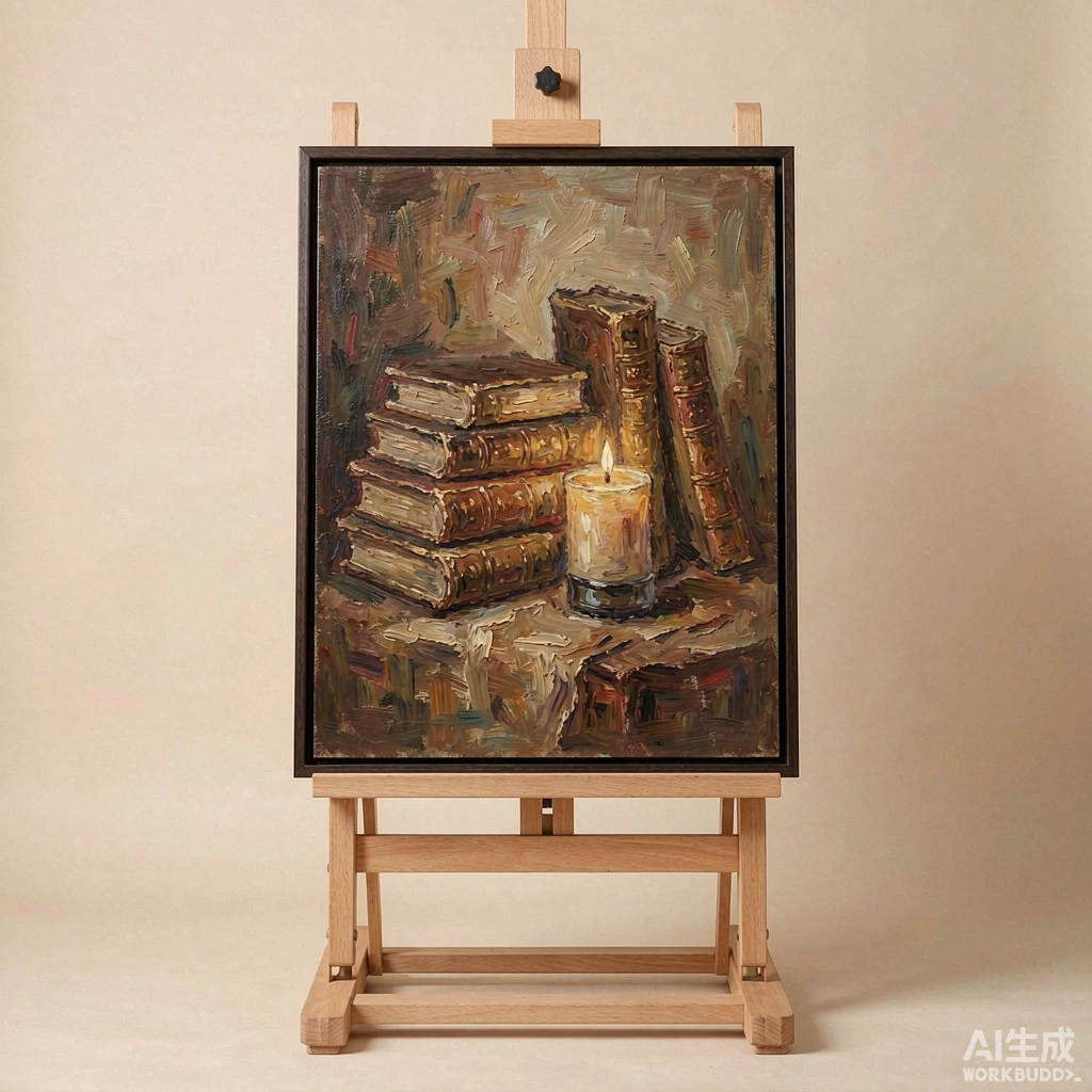 Old Books and Candle Still Life Oil Painting