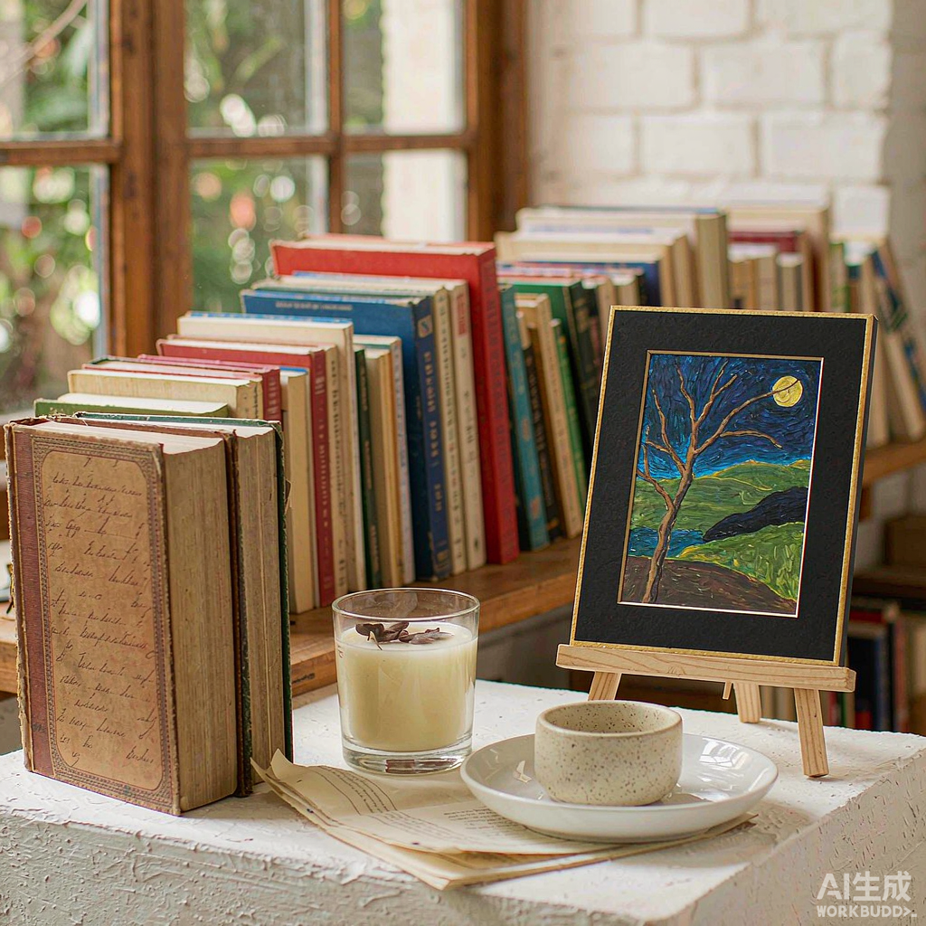 Old Books and Candle Still Life Oil Painting - Image 3