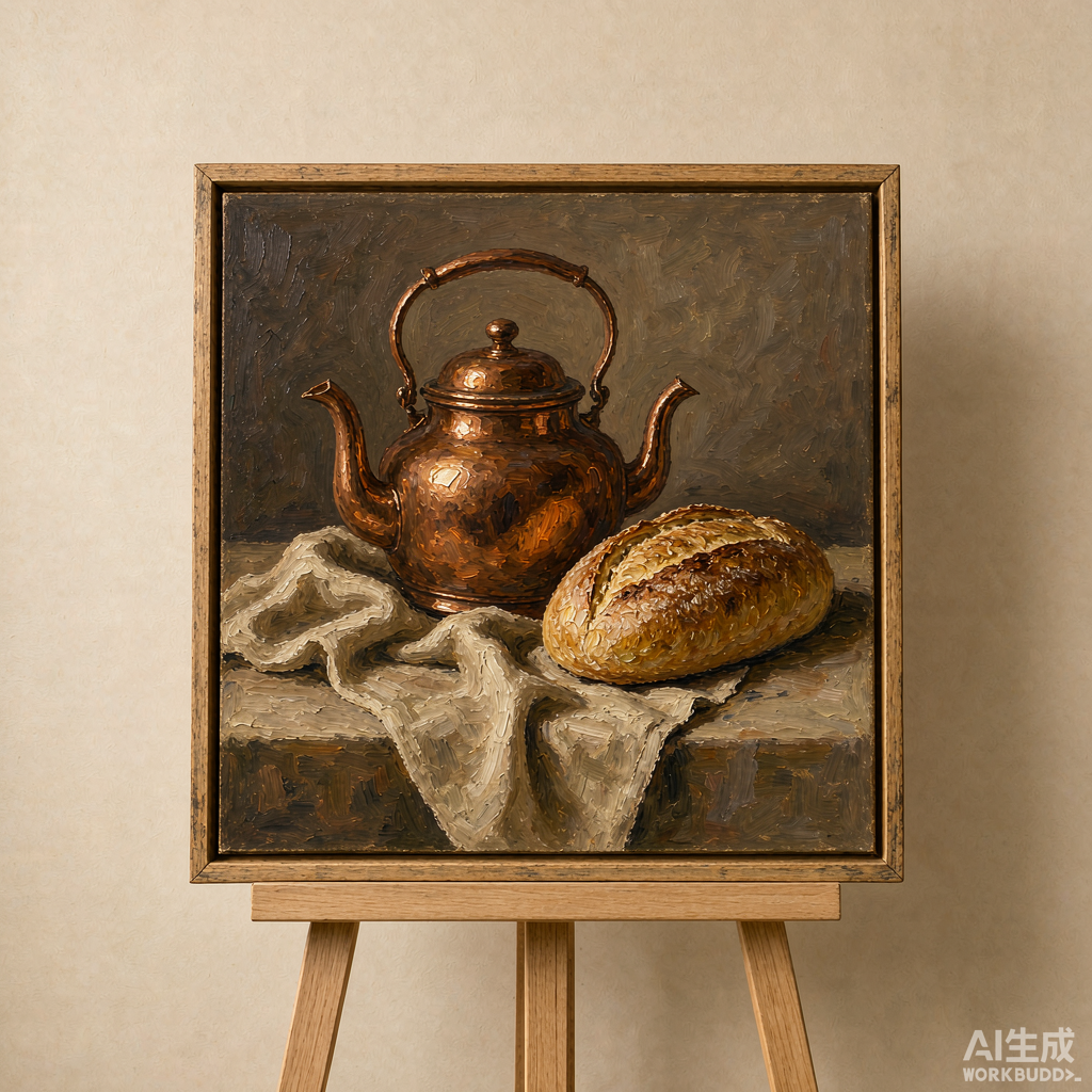 Copper Kettle and Bread Still Life Oil Painting