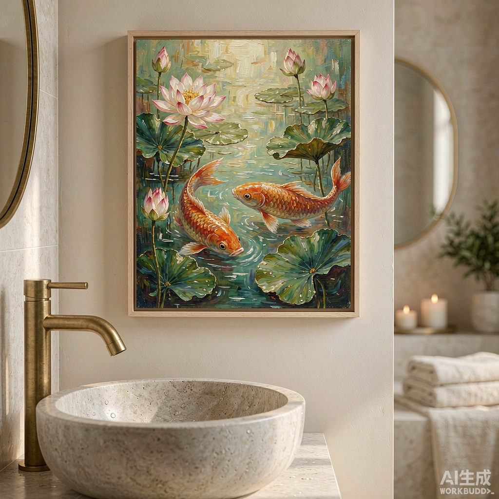 Koi and Lotus Still Life Oil Painting - Image 3