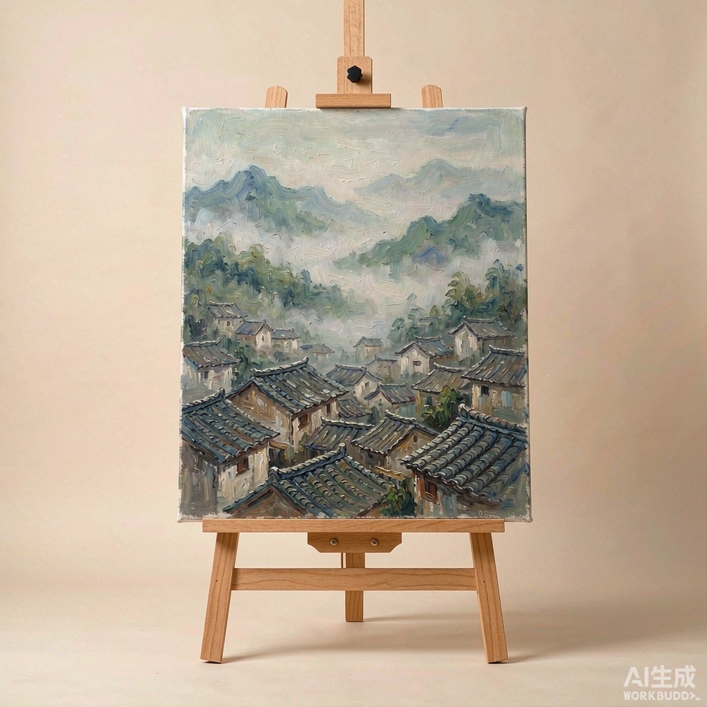 Misty Village Landscape Oil Painting