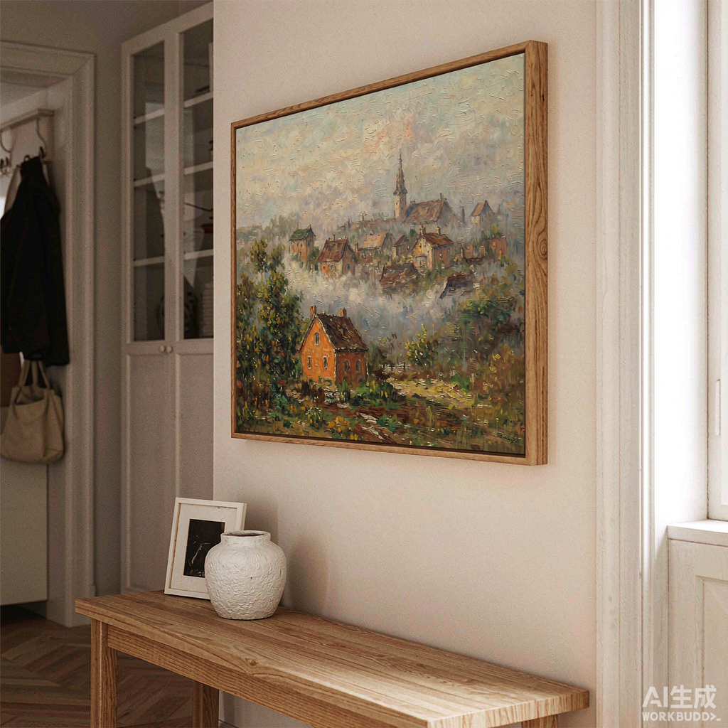Misty Village Landscape Oil Painting - Image 3