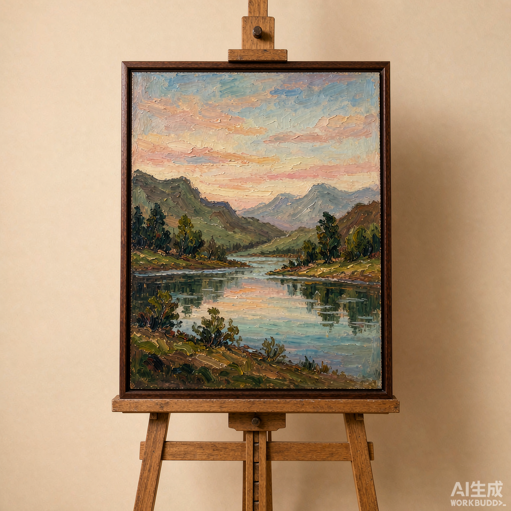 Mountain Lake Landscape Oil Painting, Framed