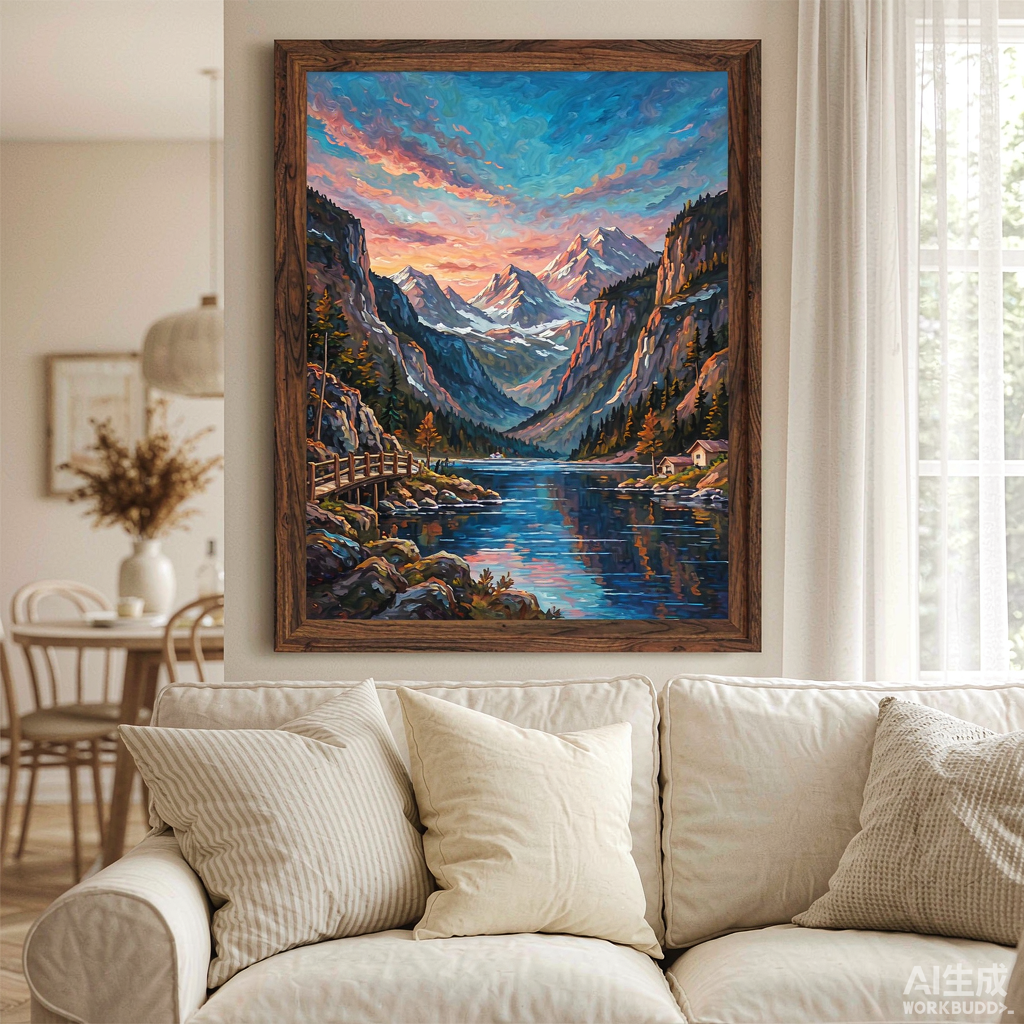 Mountain Lake Landscape Oil Painting, Framed - Image 3