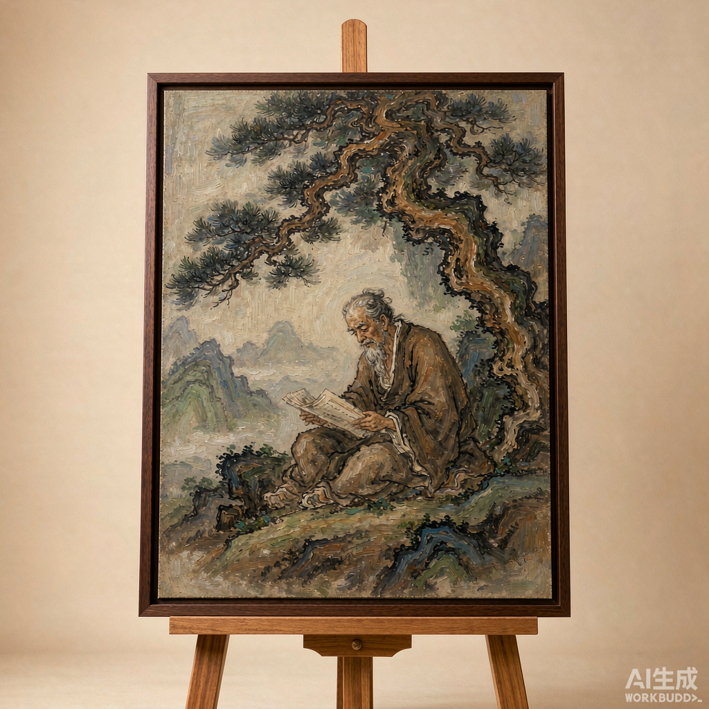 Scholar Reading Under a Pine Oil Painting