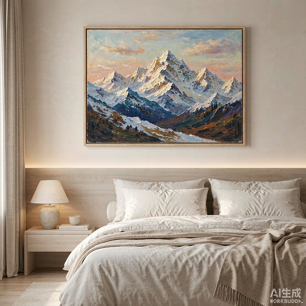Snowy Mountain Range Oil Painting - Image 3