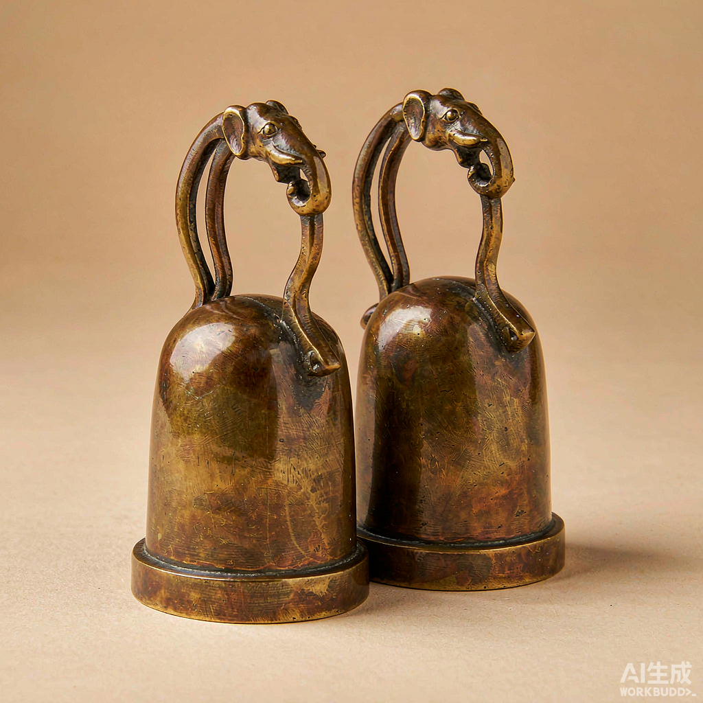 Patina Brass Bells with Elephant Handles, Pair