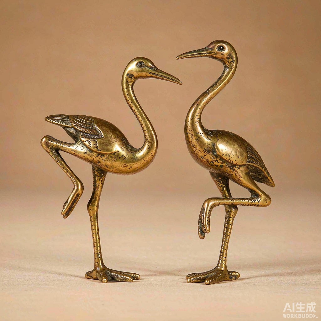 Patina Brass Crane Figurines, Pair