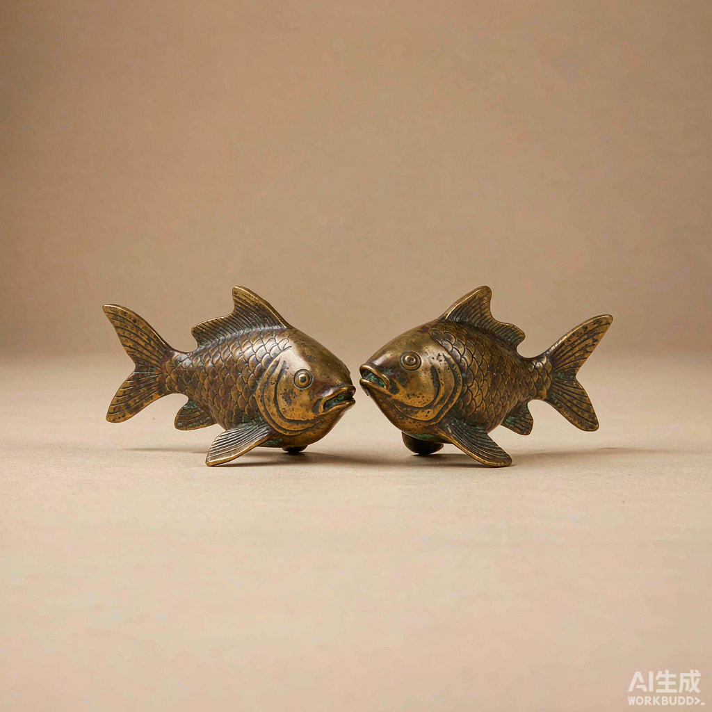 Patina Brass Double Fish Figurines, Pair