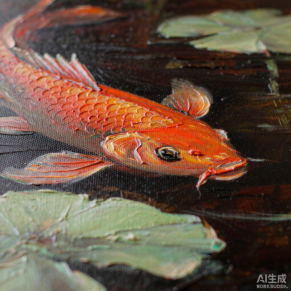 Koi and Lotus Small Oil Painting - Image 2