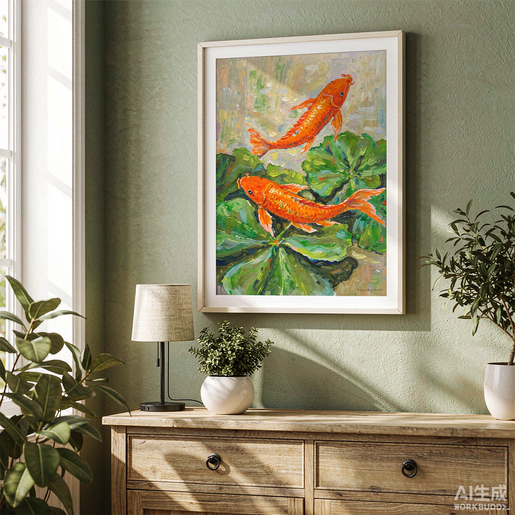 Koi and Lotus Small Oil Painting - Image 3