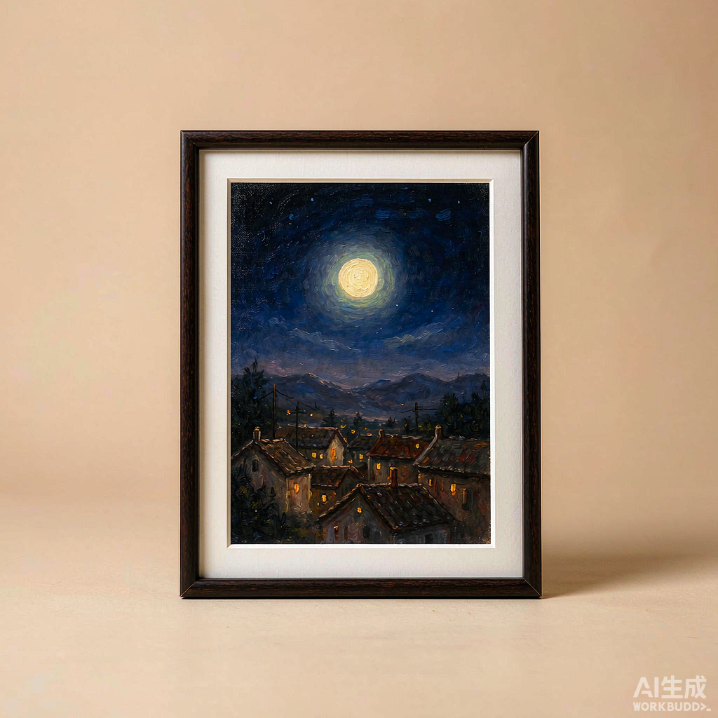 Moonlit Village Small Oil Painting