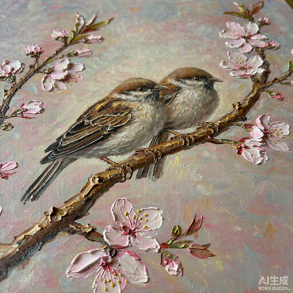 Sparrows on Blossom Small Oil Painting - Image 2