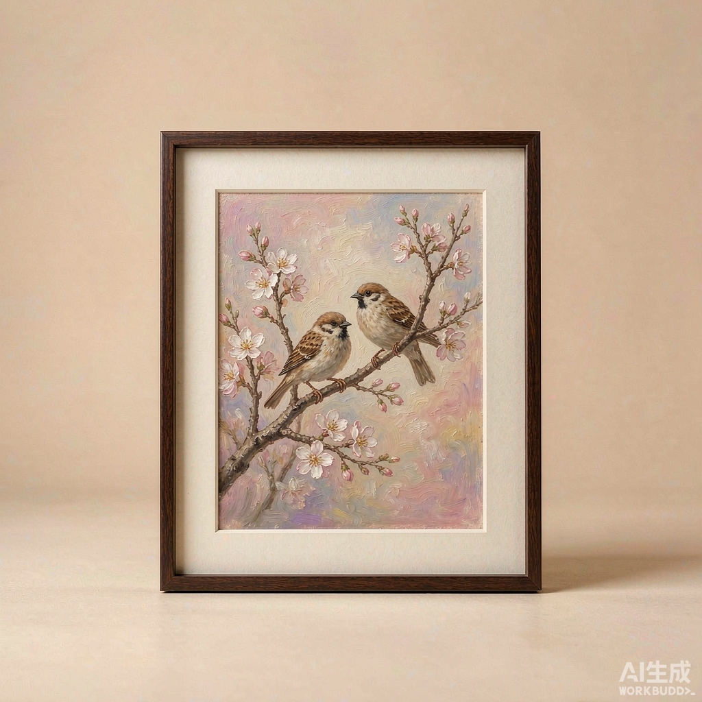 Sparrows on Blossom Small Oil Painting