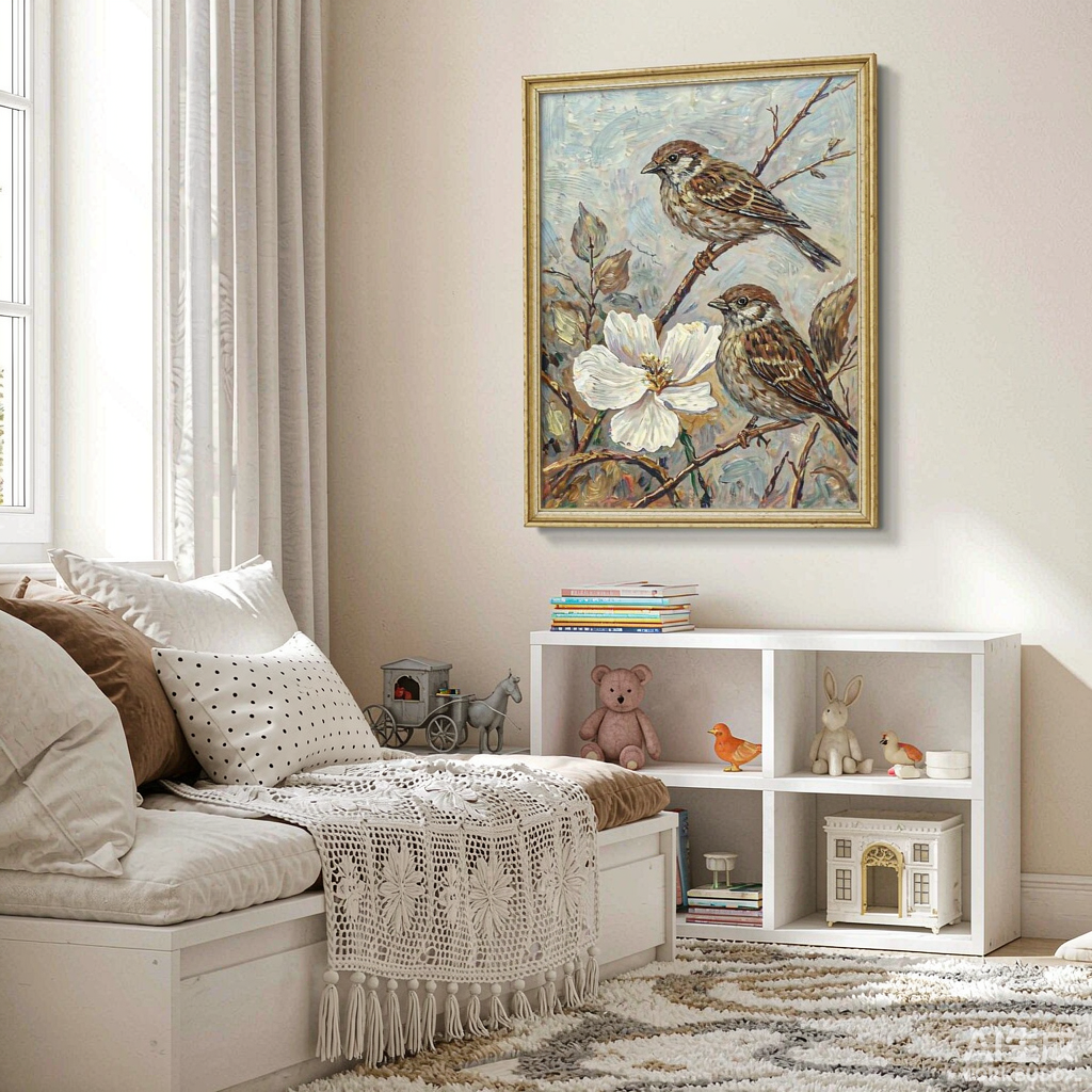Sparrows on Blossom Small Oil Painting - Image 3