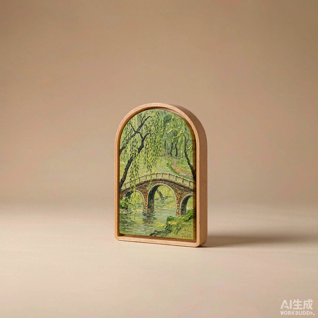 Stone Bridge and Willow Small Oil Painting