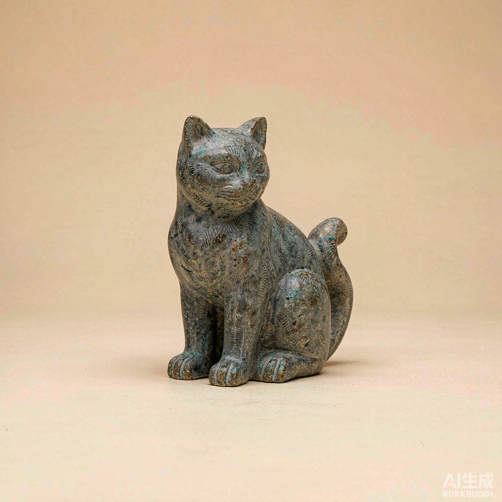 Stone Cat Figurine with Curled Tail