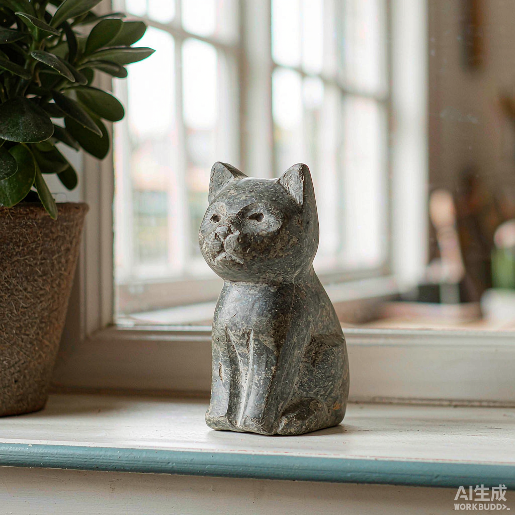 Stone Cat Figurine with Curled Tail - Image 3