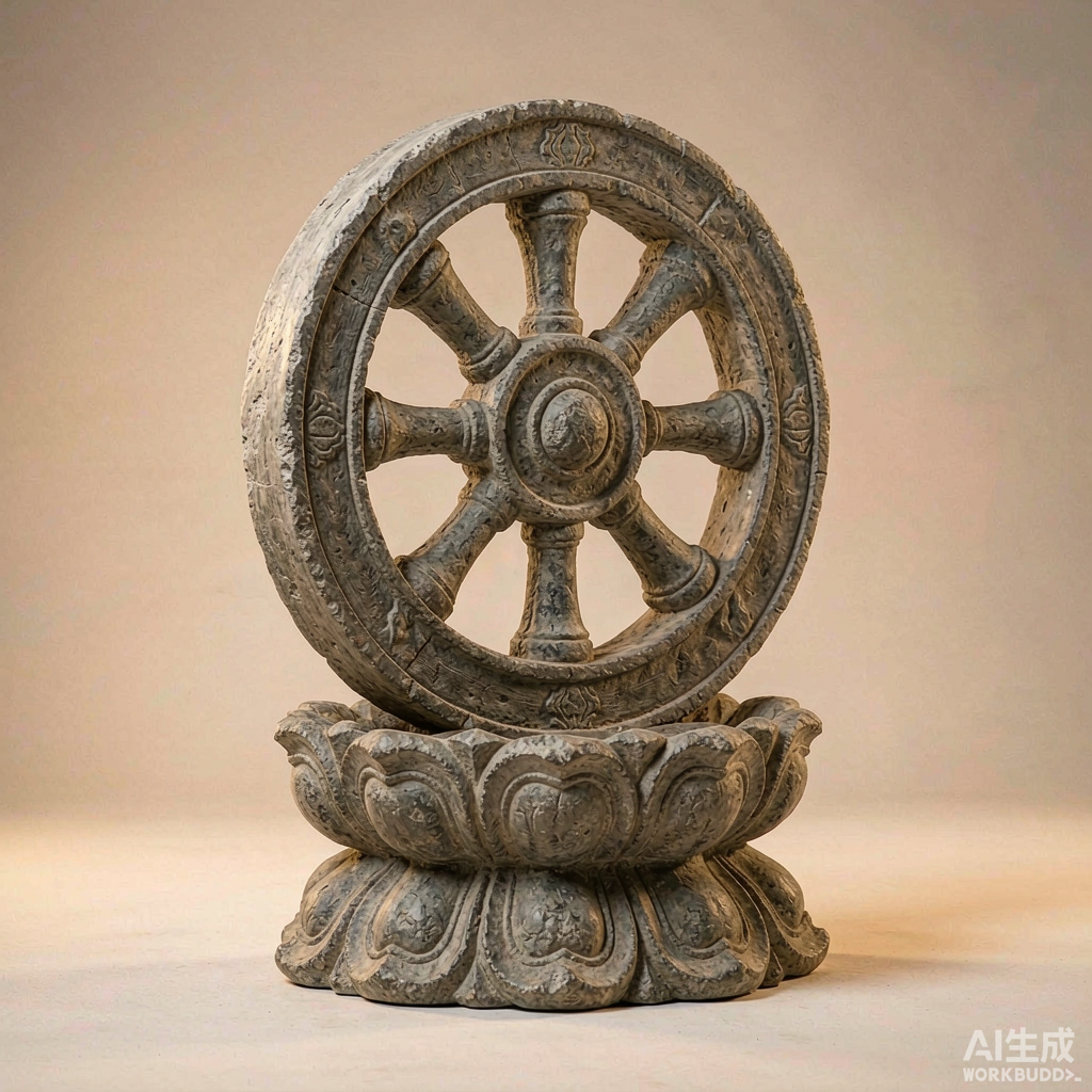 Stone Dharma Wheel Carving on Lotus Base