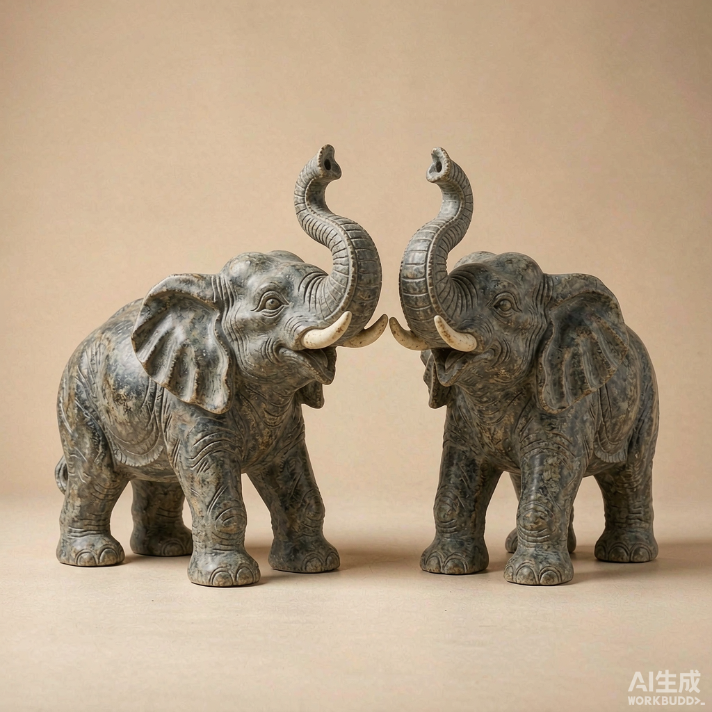 Stone Elephant Figurines Pair, Raised Trunks