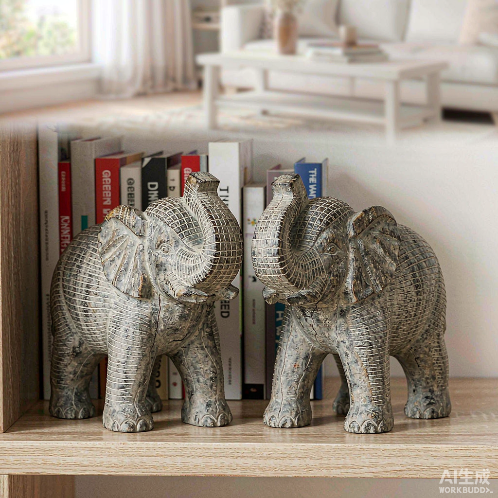Stone Elephant Figurines Pair, Raised Trunks - Image 3