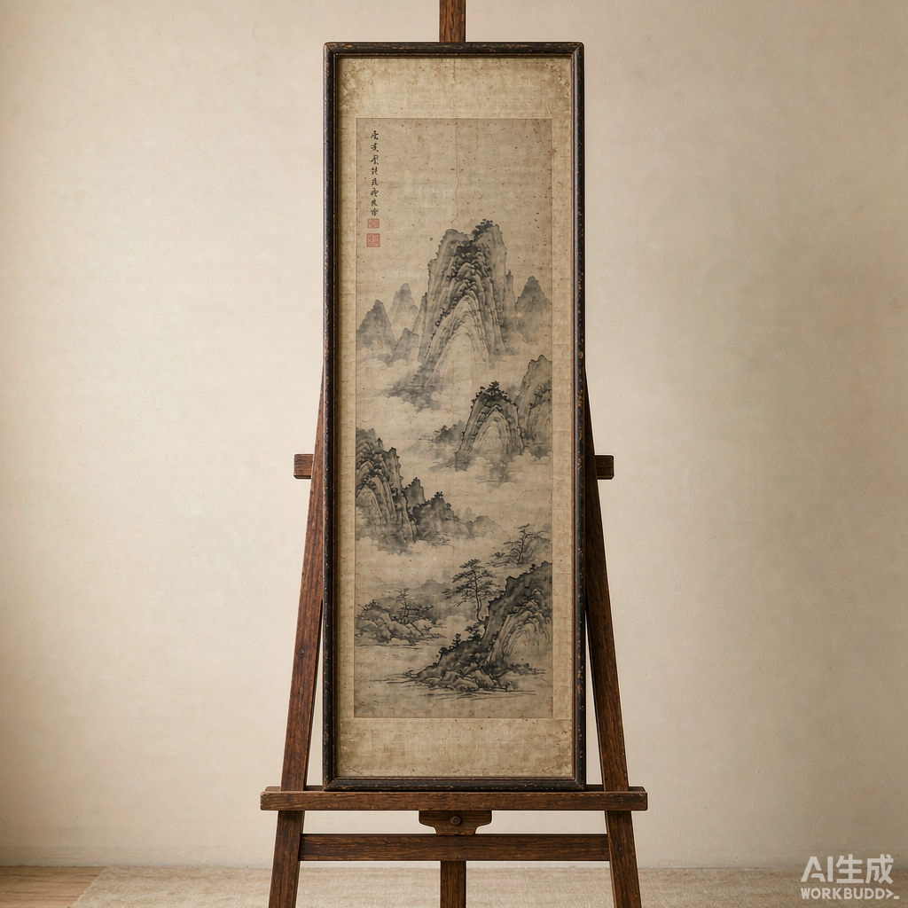 Aged Ink Wash Mountain Canvas Painting