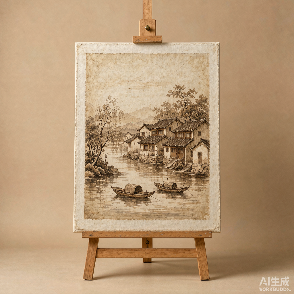 Aged Rice Paper Riverside Village Canvas