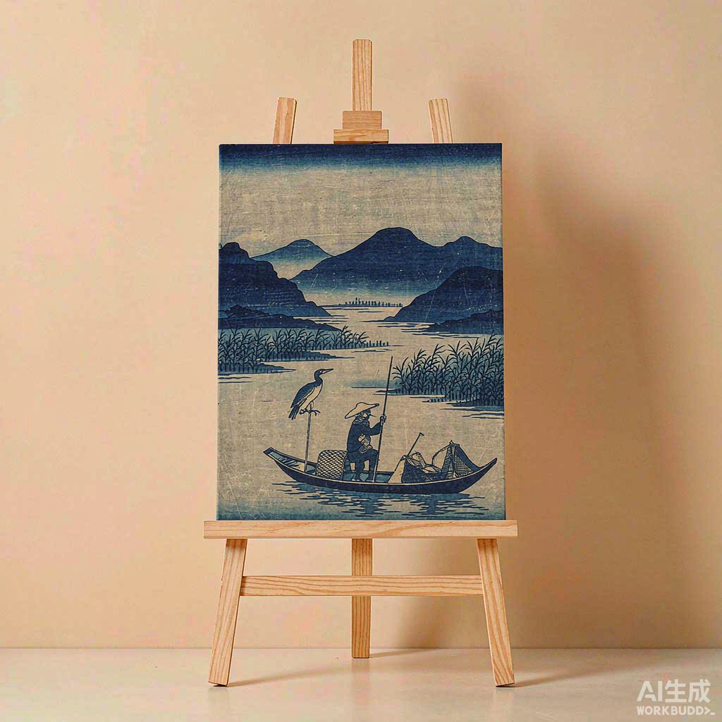 Woodblock Style Fisherman Canvas Painting