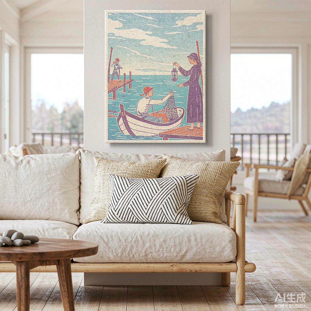 Woodblock Style Fisherman Canvas Painting - Image 3