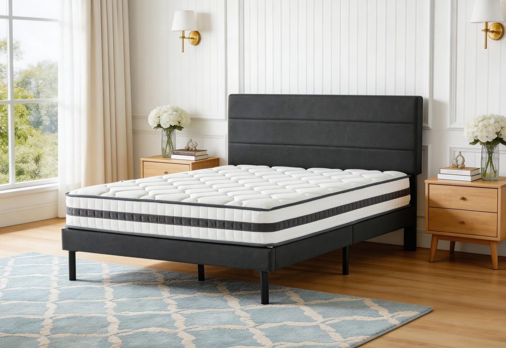 Bed Frame with Mattress – Grey Upholstered Headboard