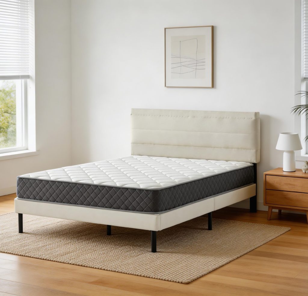 Bed Frame with Mattress – Cream Headboard
