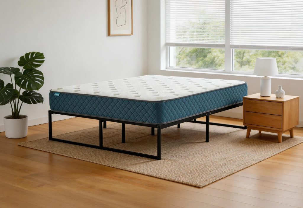 Bed Frame with Mattress – Navy Trim
