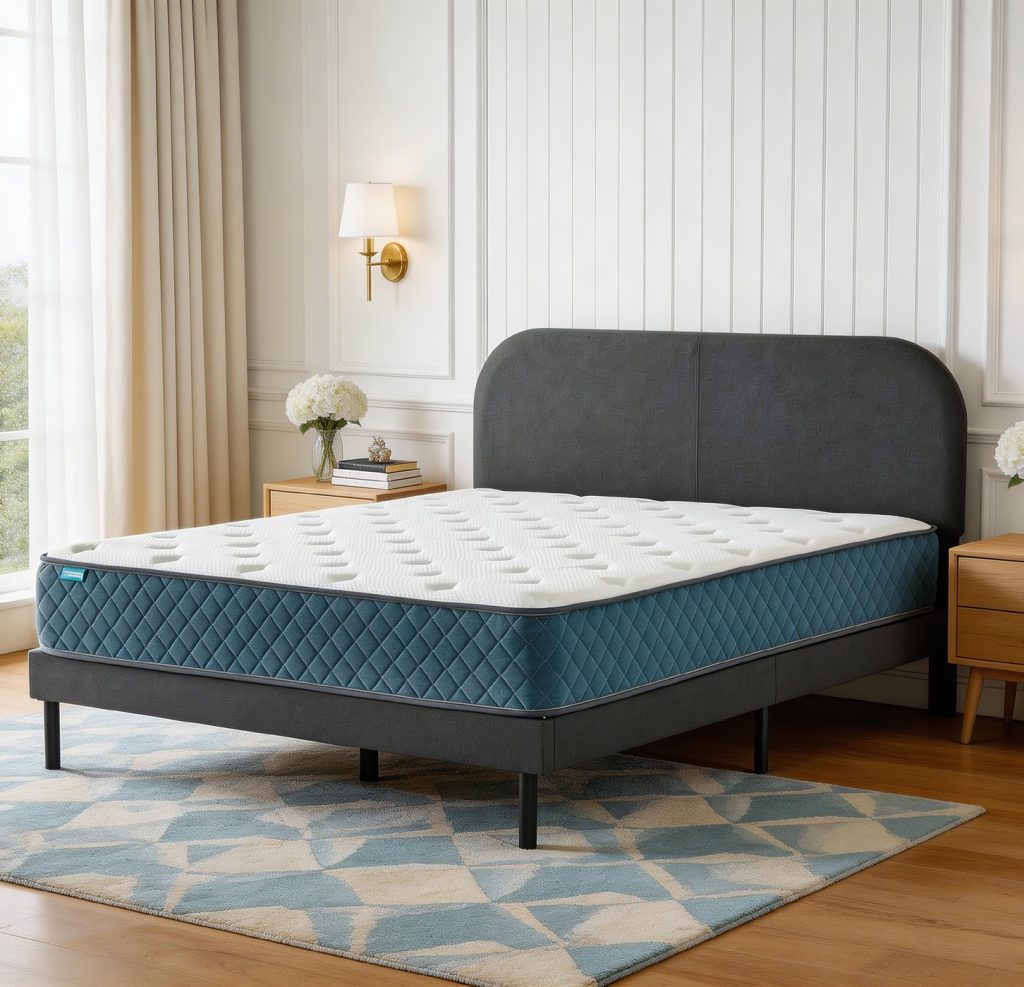 Bed Frame with Mattress – Curved Grey Headboard